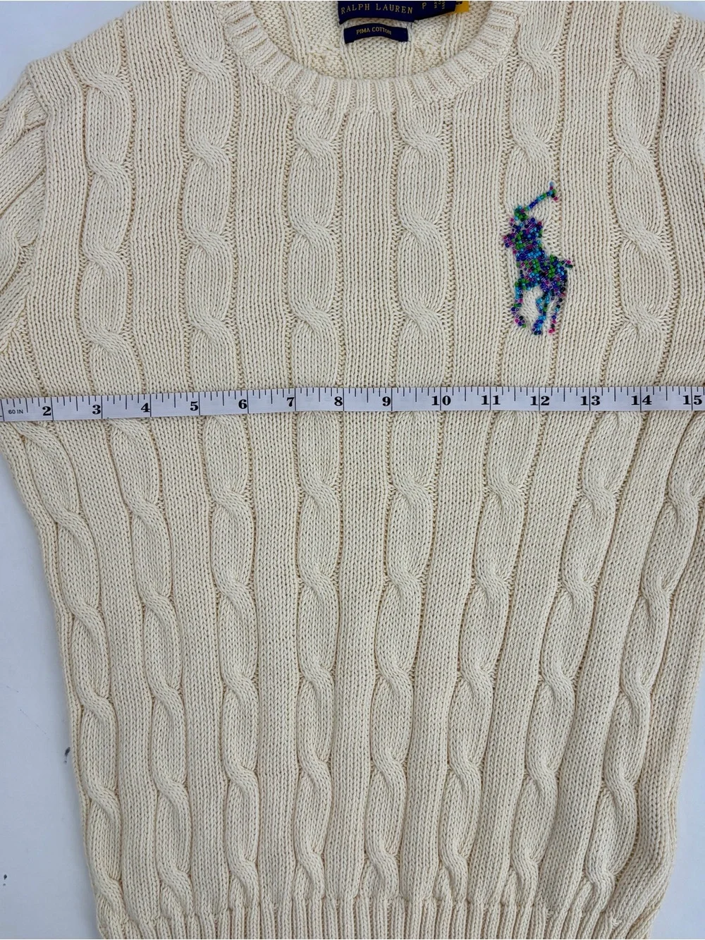POLO RALPH LAUREN Beaded Big Pony Sweater Women’s S Cream Cable Knit Pima Cotton - Picture 10 of 13